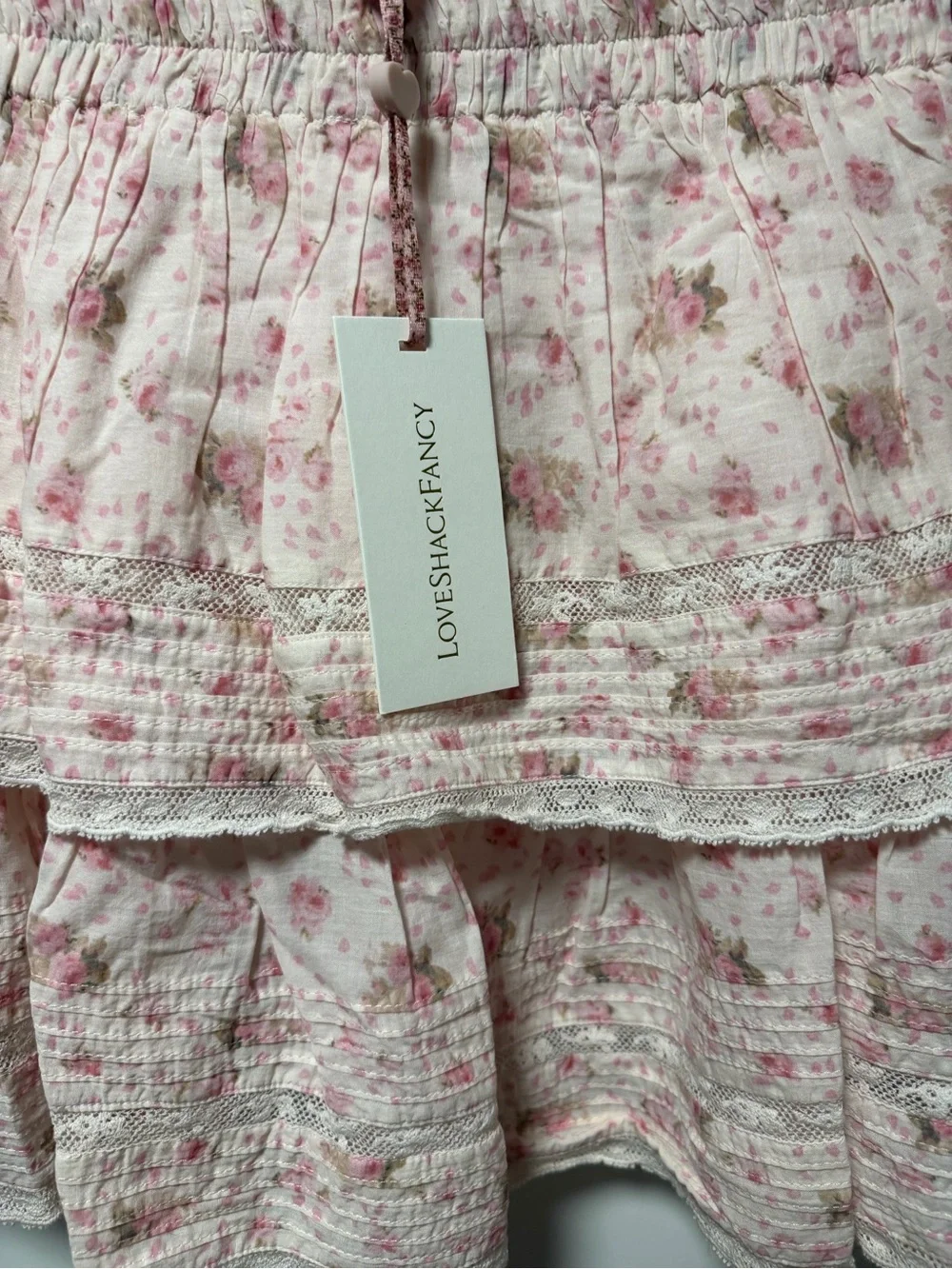 LoveShackFancy Pale Pink Floral Tiered Lace Mini Skirt